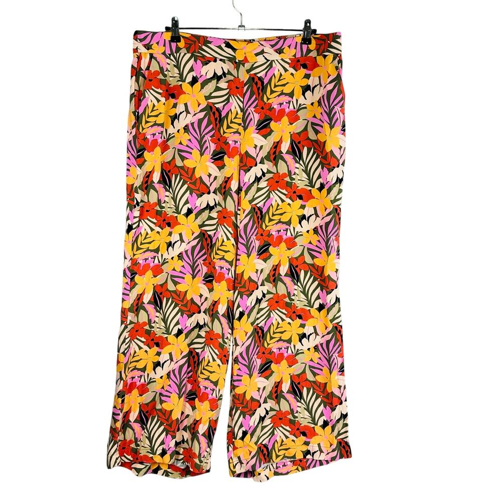 Loft Womans Sz XL Pants Pull On Floral Pants Wide Leg Green Comfort Waist